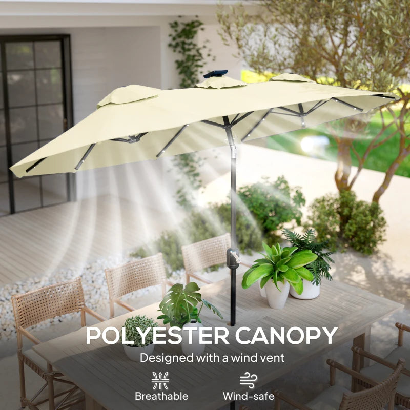 Elegant Cream White 9.7' Double-Sided Patio Umbrella with Tilt & Crank, LED Solar Lights, 12 Ribs - Premium Outdoor Shade Solution
