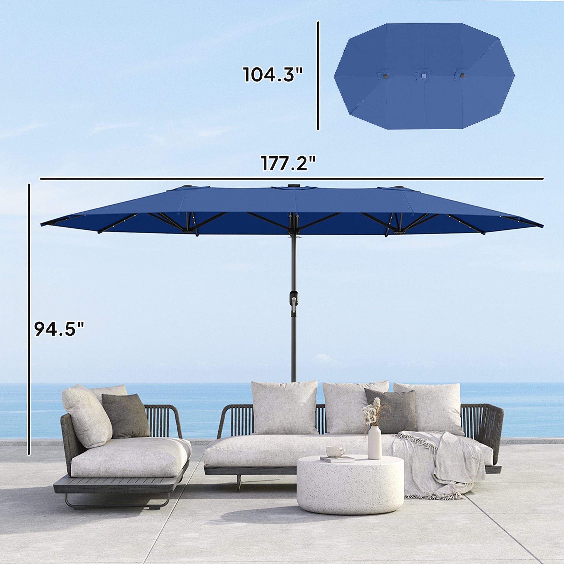 Illuminate Your Outdoor Oasis: Double-Sided Blue Garden Parasol with LED Solar Lights - The Ideal Patio Umbrella for Relaxation
