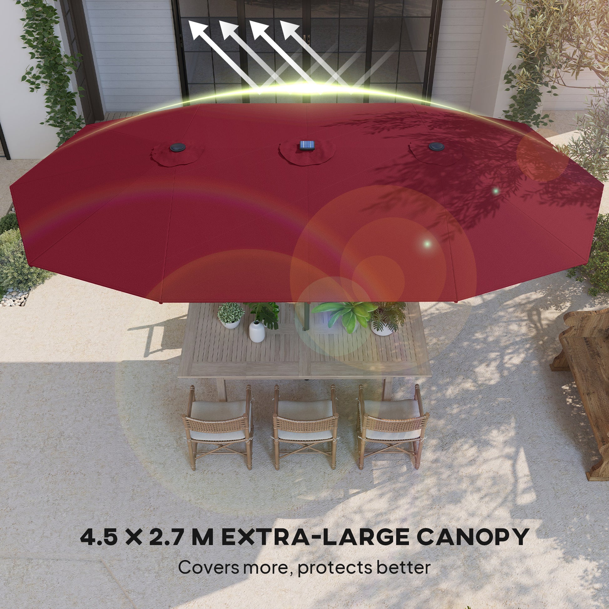 Elegant Wine Red Double-Sided Garden Parasol with LED Solar Lights – Perfect for Stylish Patio Relaxation