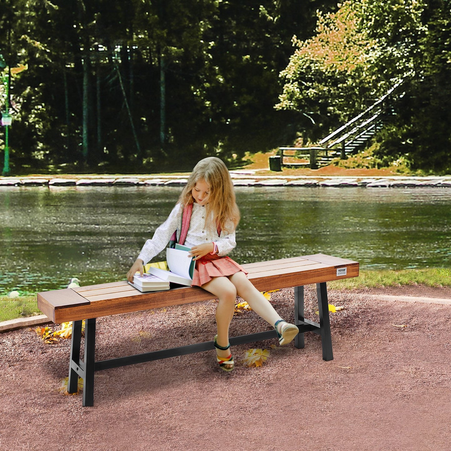 Durable 63-Inch Outdoor Wood Garden Bench with Metal Legs - Supports 500 lbs for Patio, Park, Yard, and Front Porch Comfort
