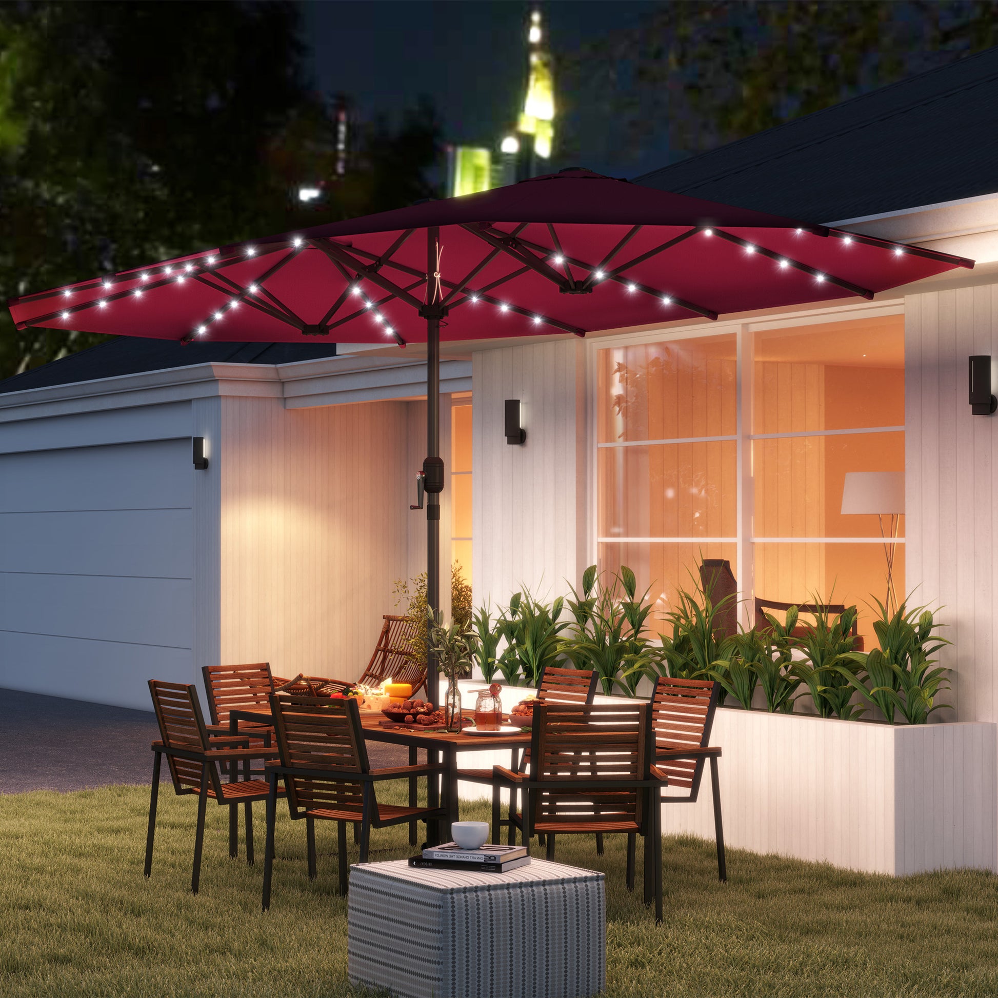 Illuminate Your Outdoor Oasis: Stylish Wine Red Double-Sided Garden Parasol with LED Solar Lights