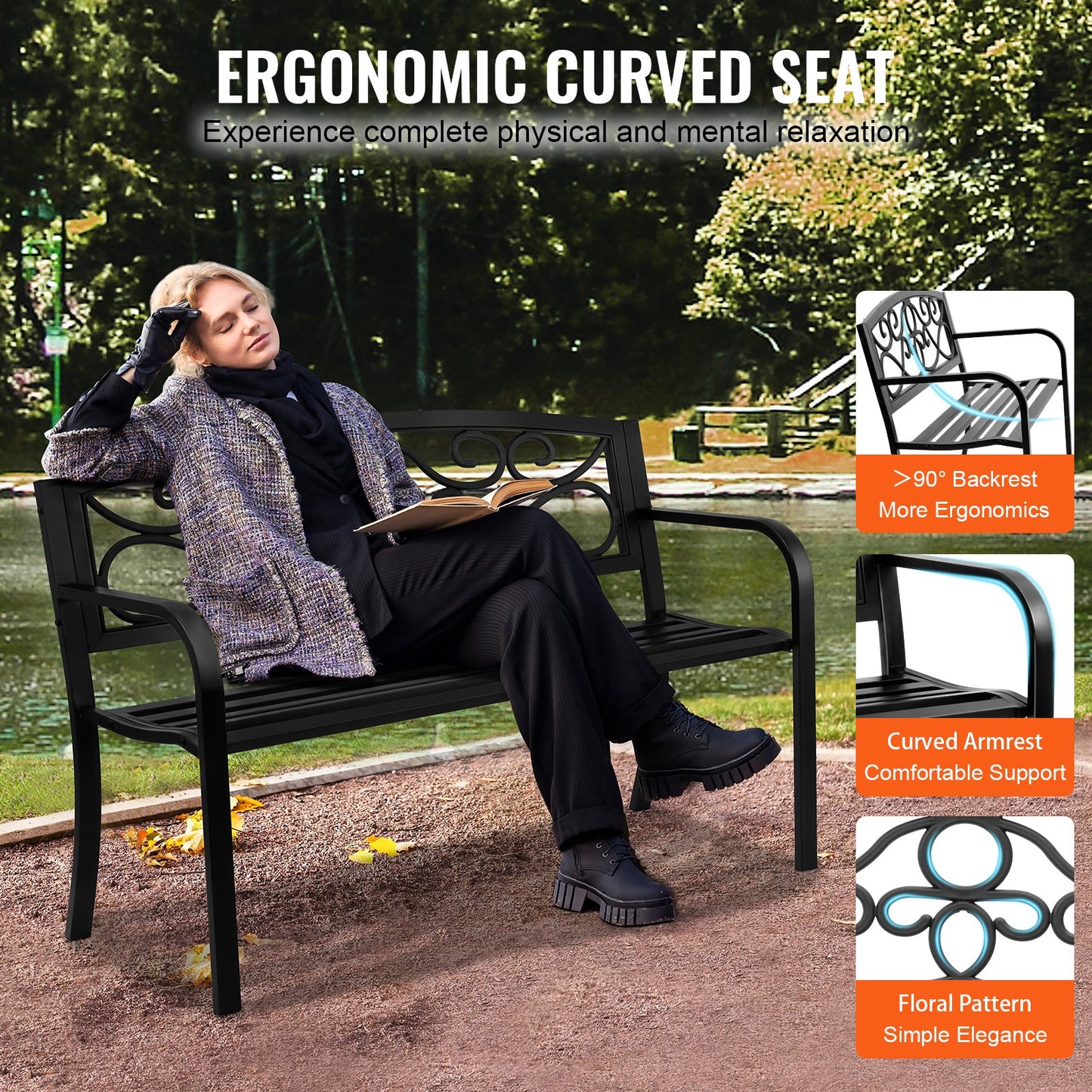 Elegant 50-Inch Metal Garden Bench with Backrest & Armrests - Supports 550 Lbs for Ultimate Outdoor Comfort in Your Yard, Park, or Patio