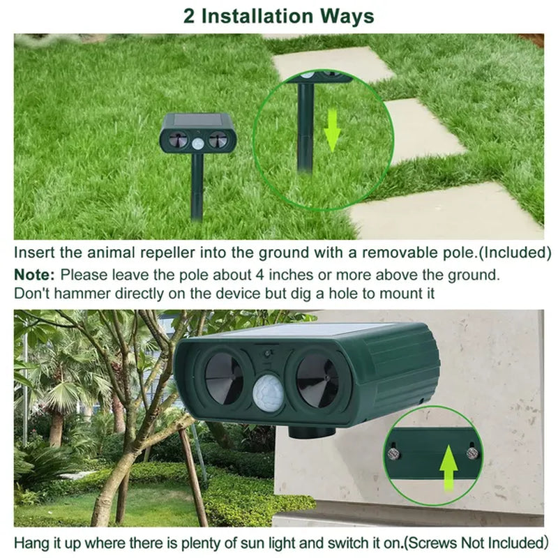 Ultimate Solar-Powered Ultrasonic Animal Repeller with Motion Sensor - Waterproof Protection for Your Farm, Garden, and Yard Against Deer, Raccoons, Cats, Dogs, Rabbits, Squirrels, and Birds