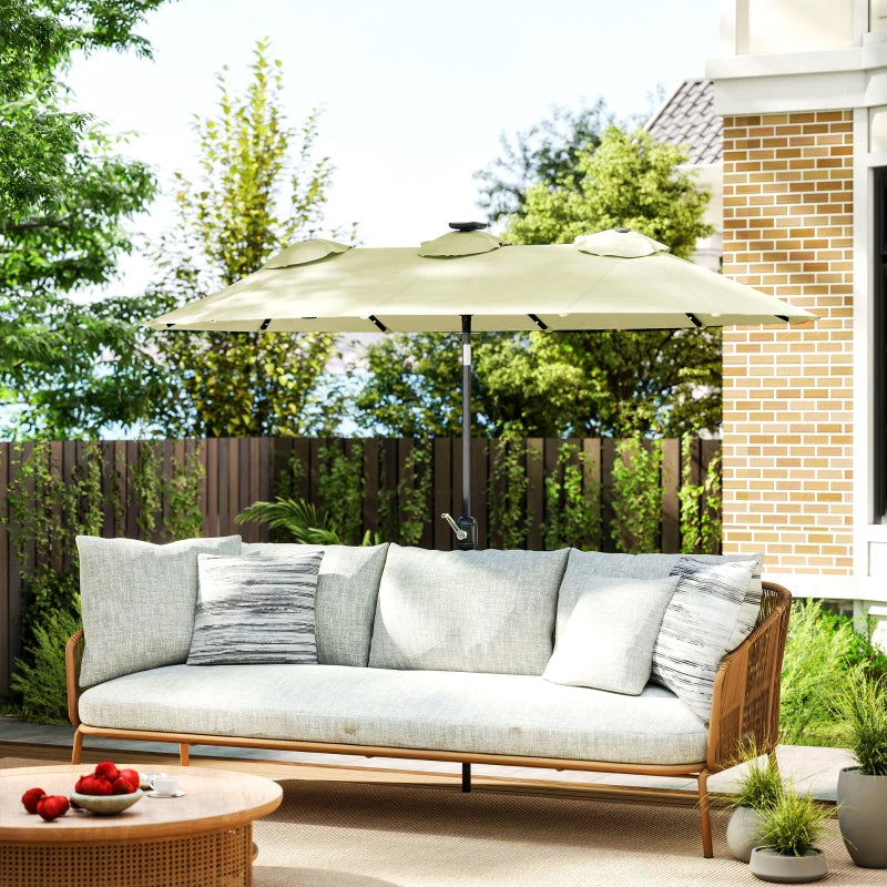 Elegant Cream White 9.7' Double-Sided Patio Umbrella with Tilt & Crank, LED Solar Lights, 12 Ribs - Premium Outdoor Shade Solution