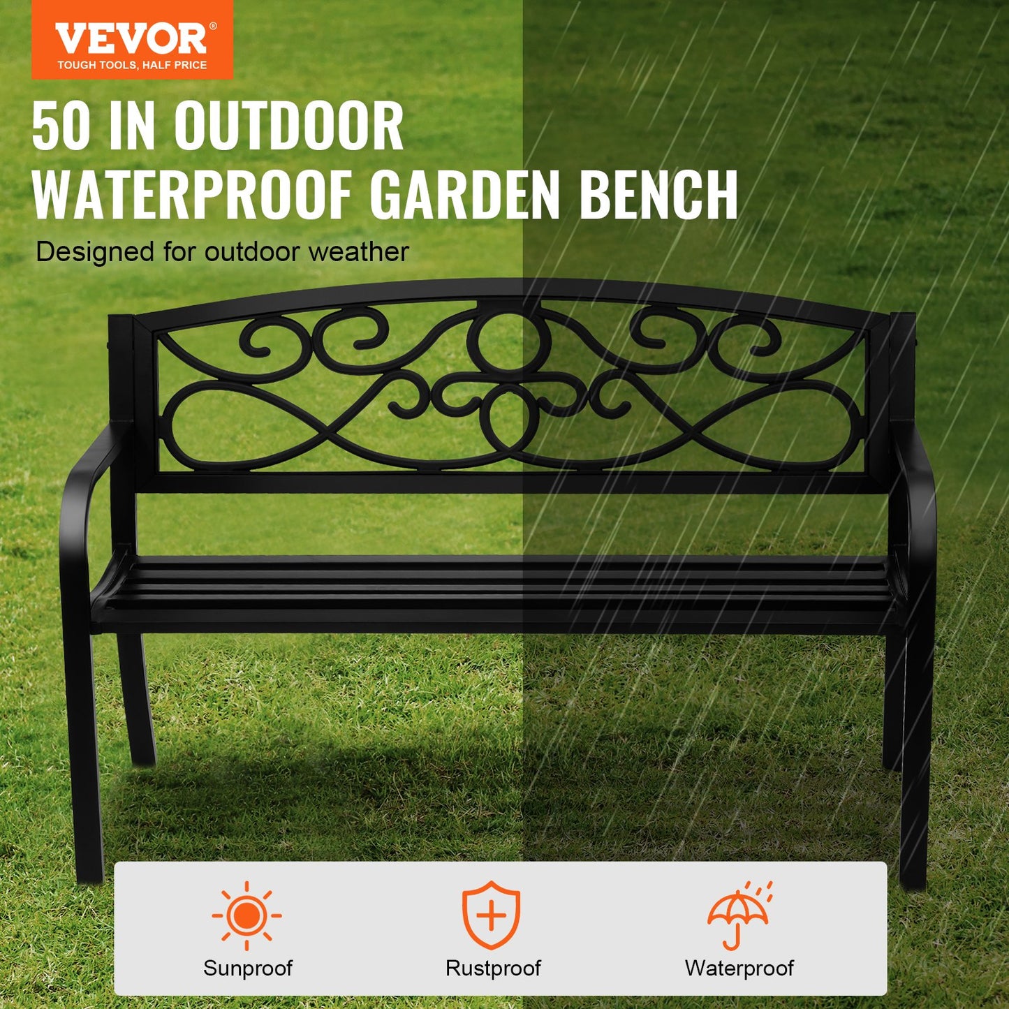 Elegant 50-Inch Metal Garden Bench with Backrest & Armrests - Supports 550 Lbs for Ultimate Outdoor Comfort in Your Yard, Park, or Patio