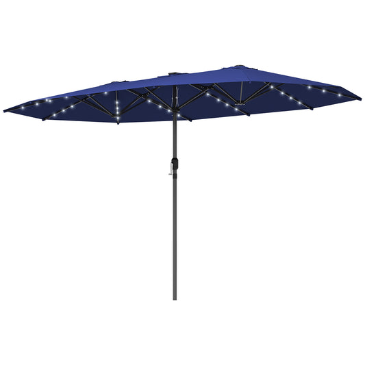 Illuminate Your Outdoor Space with Our Navy Blue Double-Sided Garden Parasol Featuring LED Solar Lights!