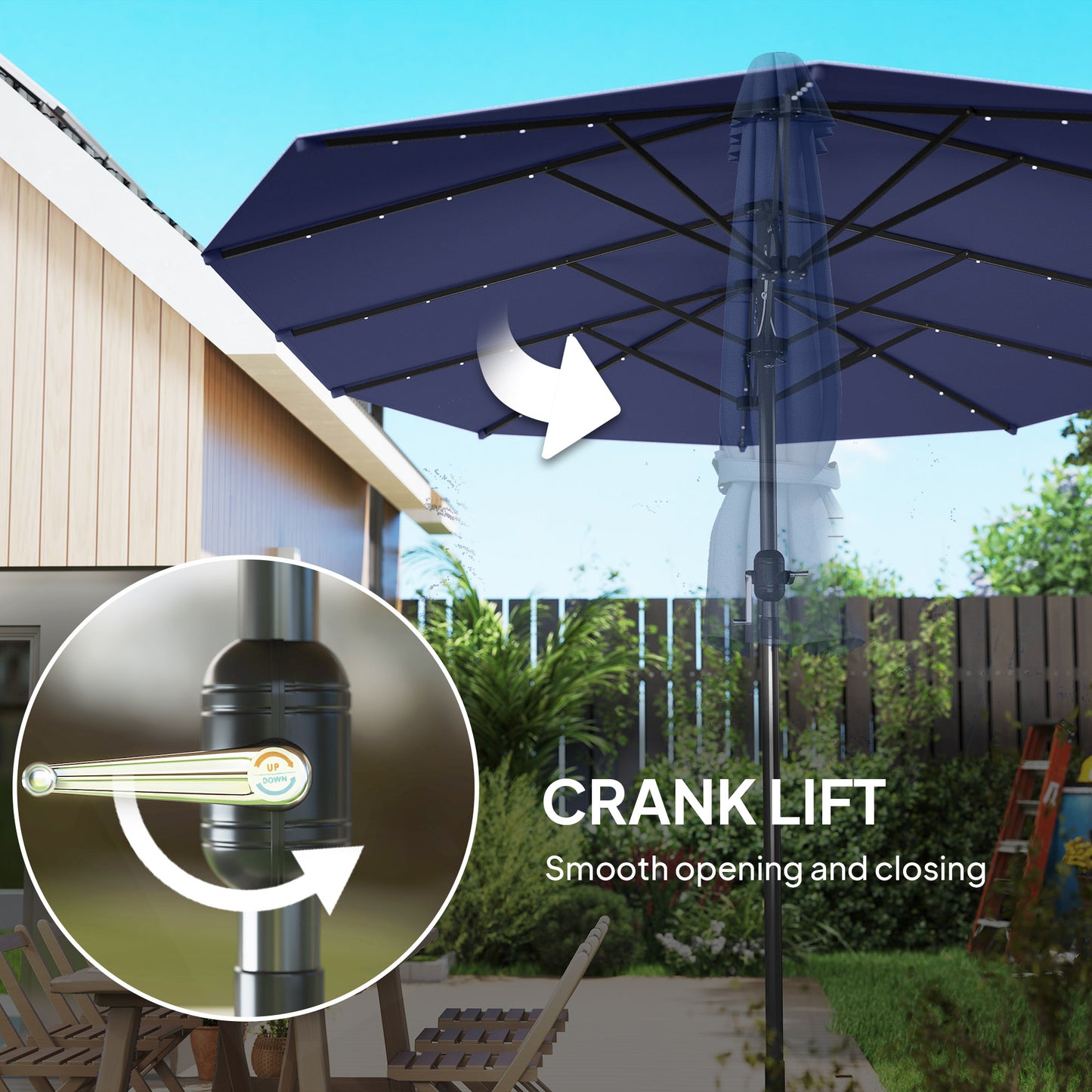 Illuminate Your Outdoor Space with Our Navy Blue Double-Sided Garden Parasol Featuring LED Solar Lights!