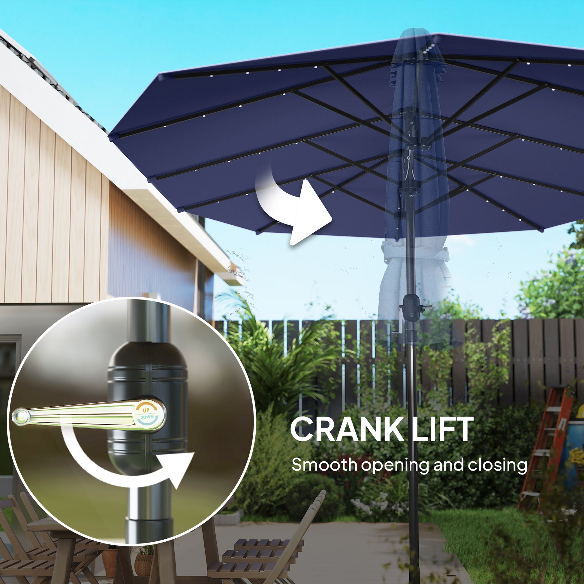 Illuminate Your Outdoor Space with Our Navy Blue Double-Sided Garden Parasol Featuring LED Solar Lights!