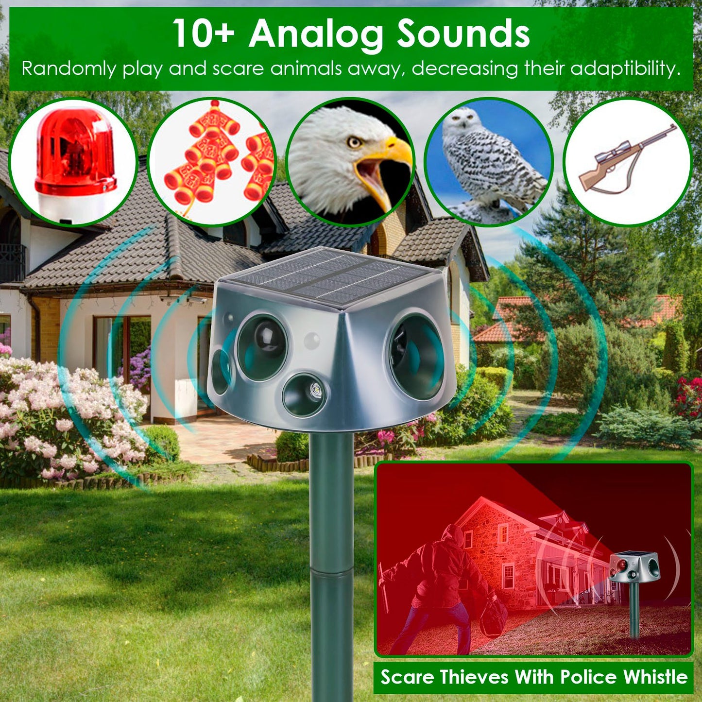 Ultrasonic Solar Animal Repeller - Waterproof Motion Sensor for Ultimate Mole, Snake & Squirrel Control in Your Garden or Farm
