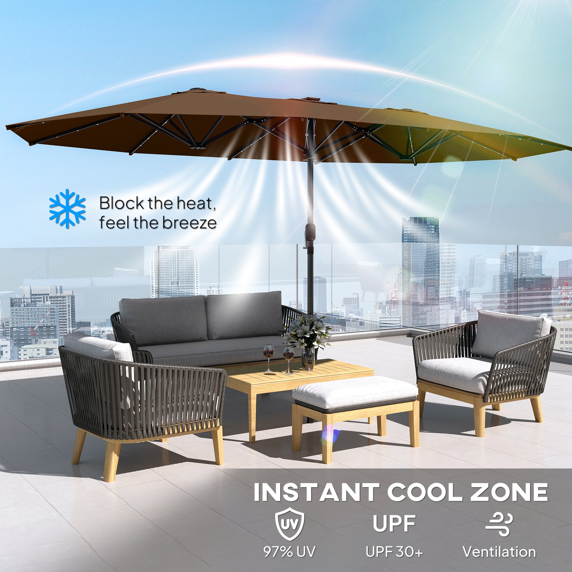 Illuminate Your Outdoor Oasis: Double-Sided Garden Parasol with LED Solar Lights - Ideal for Relaxation and Coffee Moments