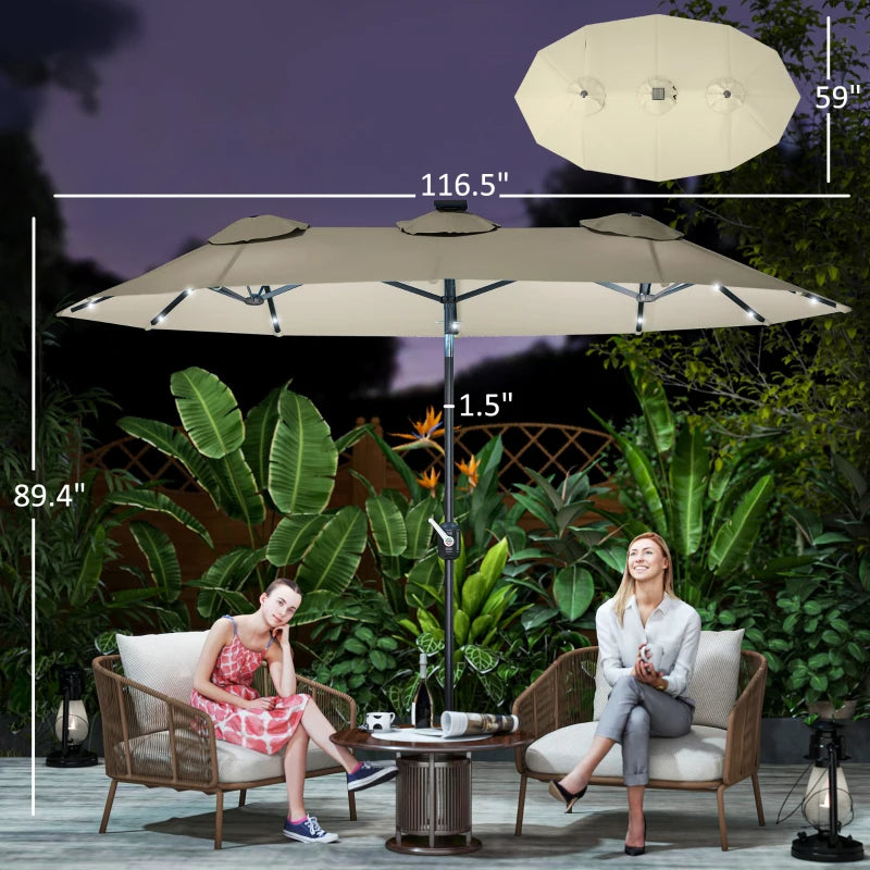 Elegant Cream White 9.7' Double-Sided Patio Umbrella with Tilt & Crank, LED Solar Lights, 12 Ribs - Premium Outdoor Shade Solution