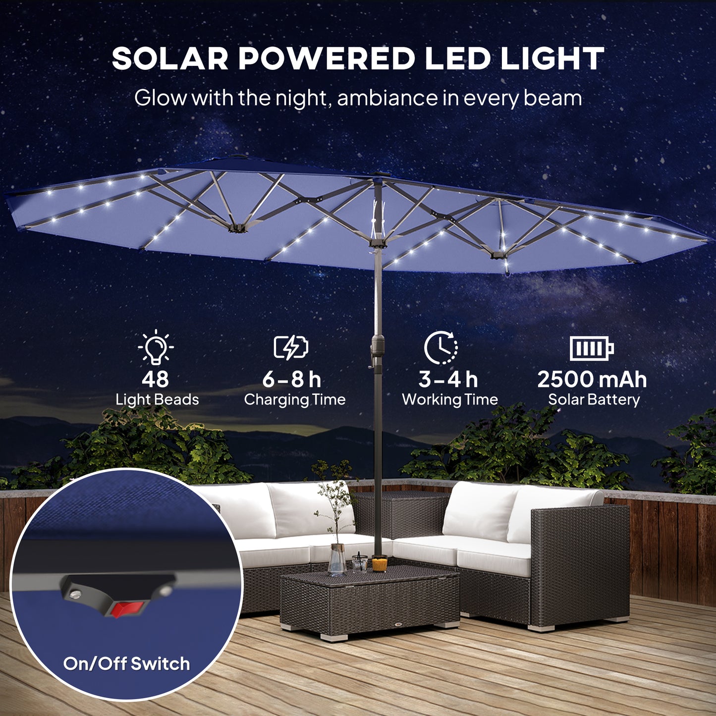 Navy Blue Double-Sided Patio Umbrella with LED Solar Lights - Ideal for Outdoor Relaxation and Enjoyment
