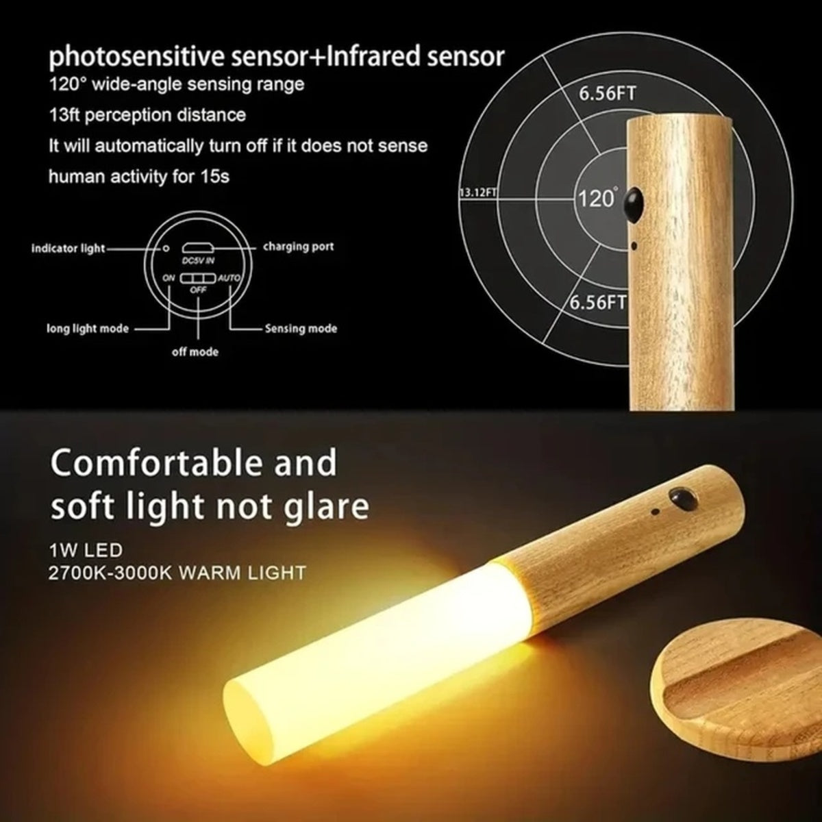 Magnetic Rechargeable Motion Sensor Night Light - Stylish Wooden LED Sconce for Bedroom, Hallway, and Stairs