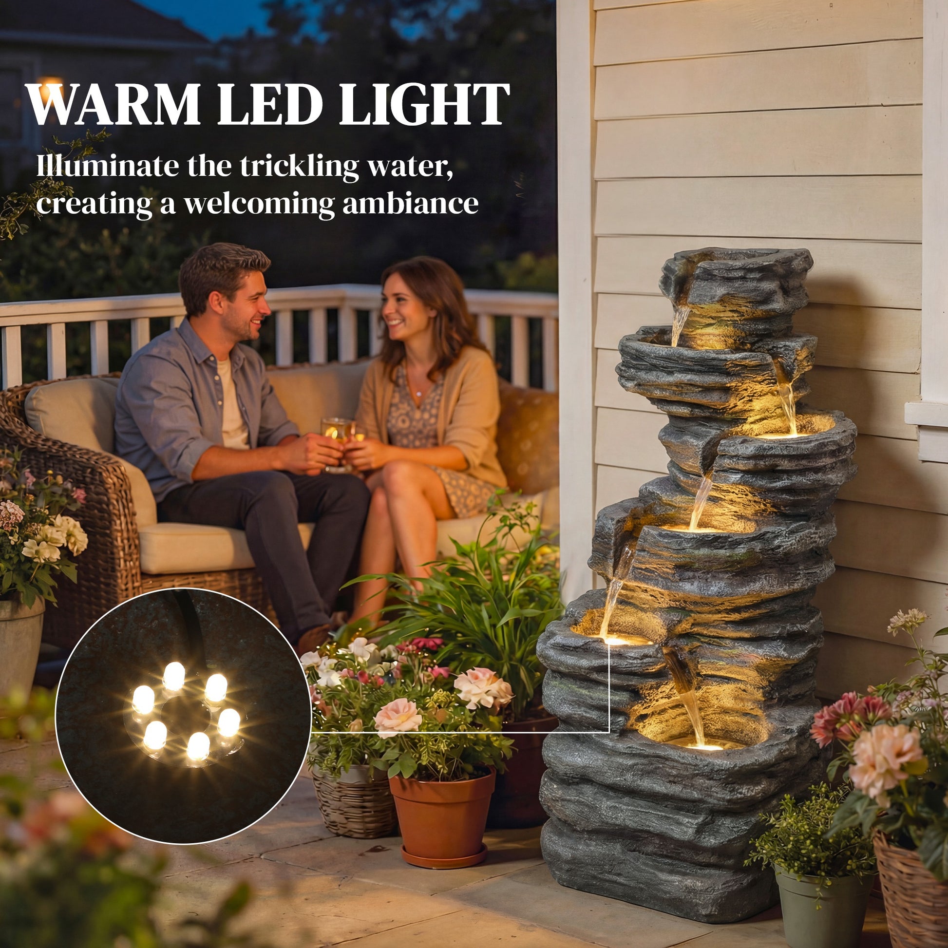 Transform Your Garden with a Stunning 40" Gray LED Waterfall Fountain - 6-Tier Cascading Water Feature