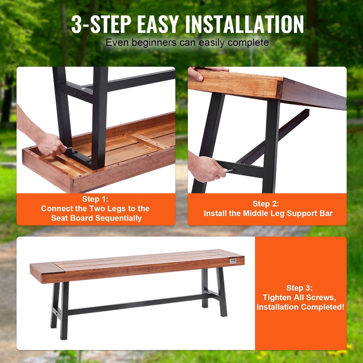 Durable 63-Inch Outdoor Wood Garden Bench with Metal Legs - Supports 500 lbs for Patio, Park, Yard, and Front Porch Comfort