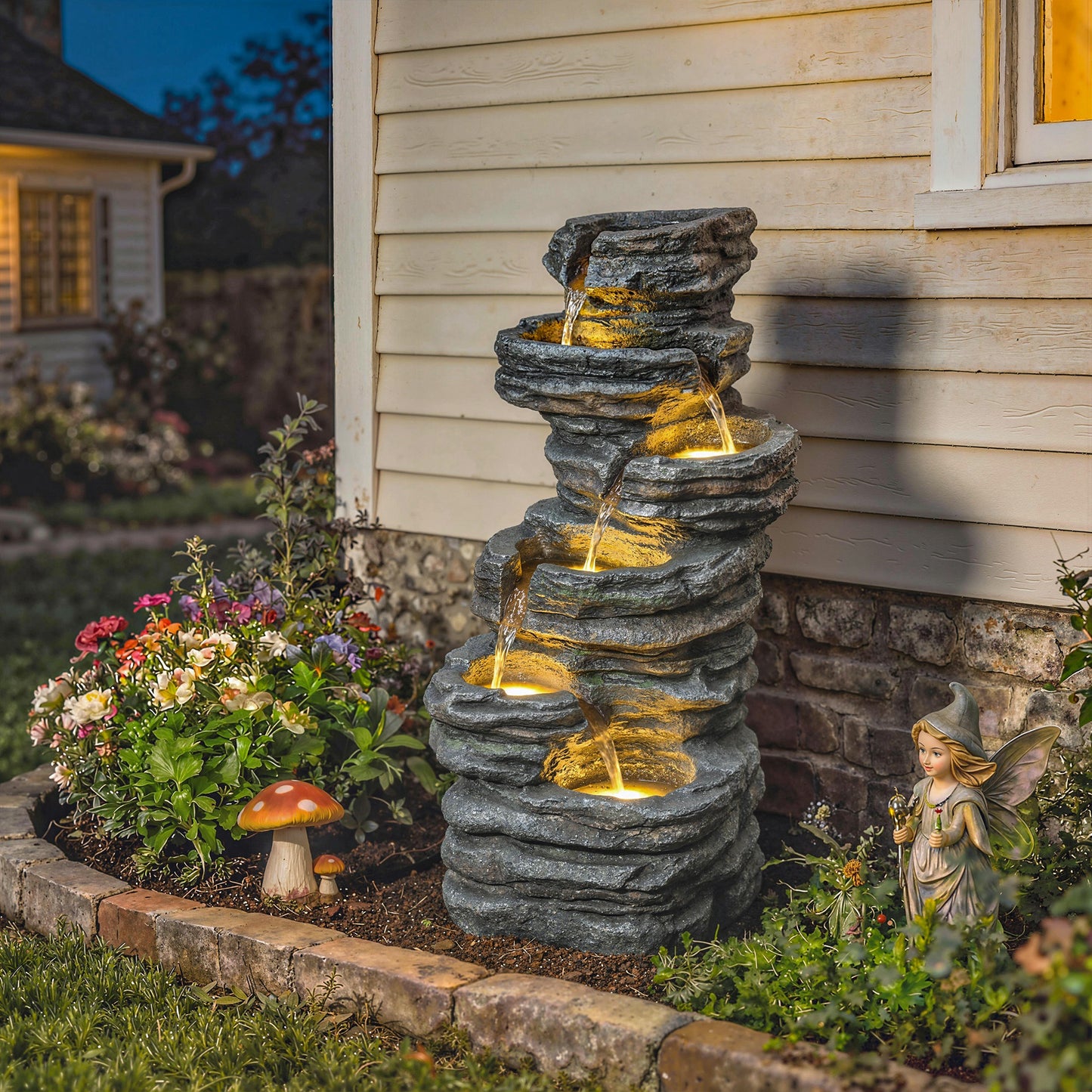 Transform Your Garden with a Stunning 40" Gray LED Waterfall Fountain - 6-Tier Cascading Water Feature