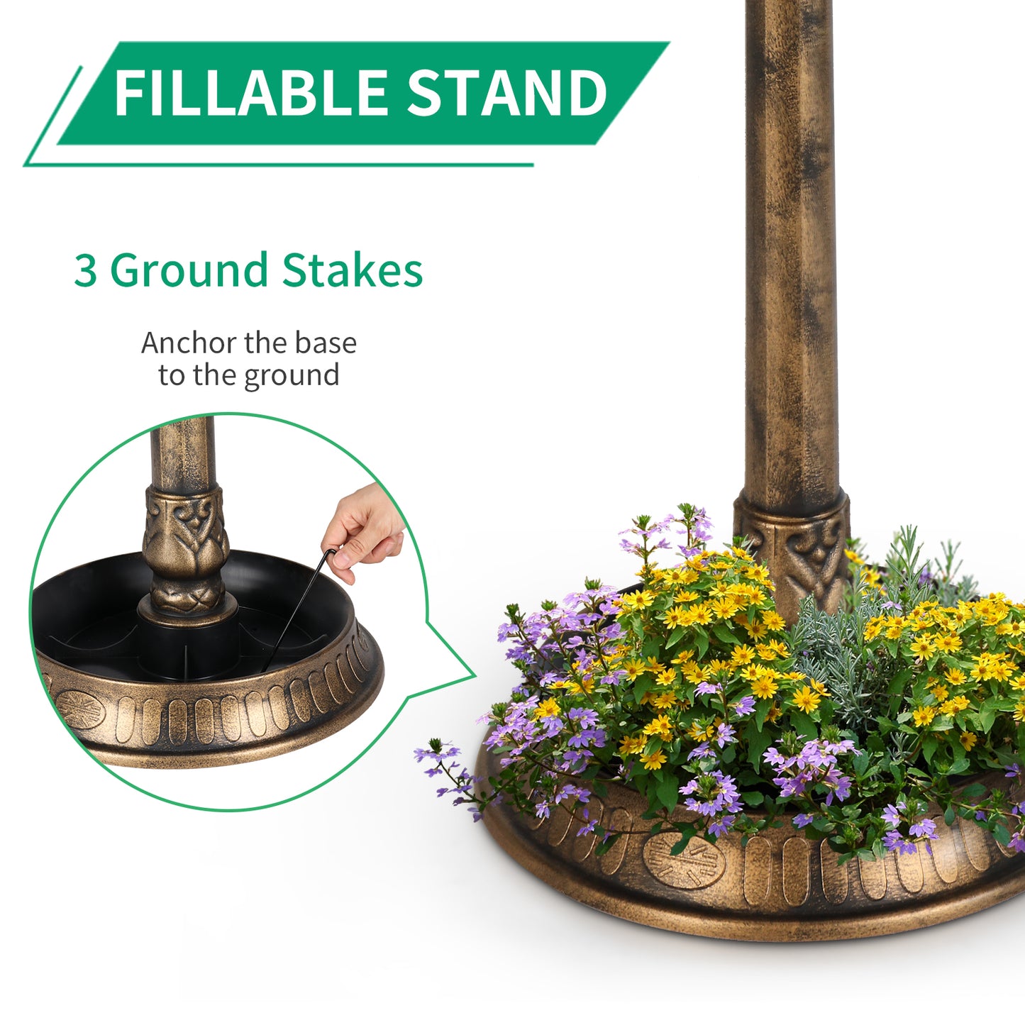 Stunning Bronze Solar Bird Bath - 51x51x106 cm Round Plastic Design