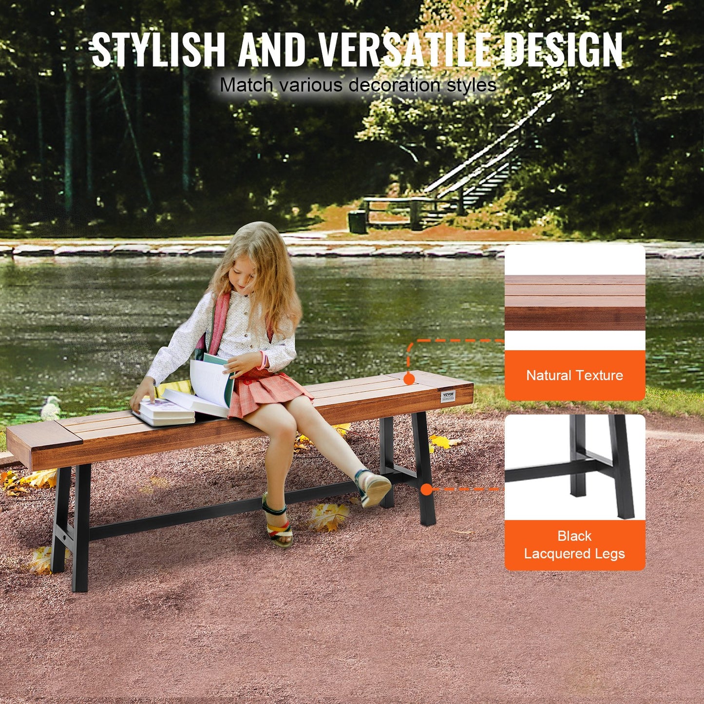 Durable 63-Inch Outdoor Wood Garden Bench with Metal Legs - Supports 500 lbs for Patio, Park, Yard, and Front Porch Comfort