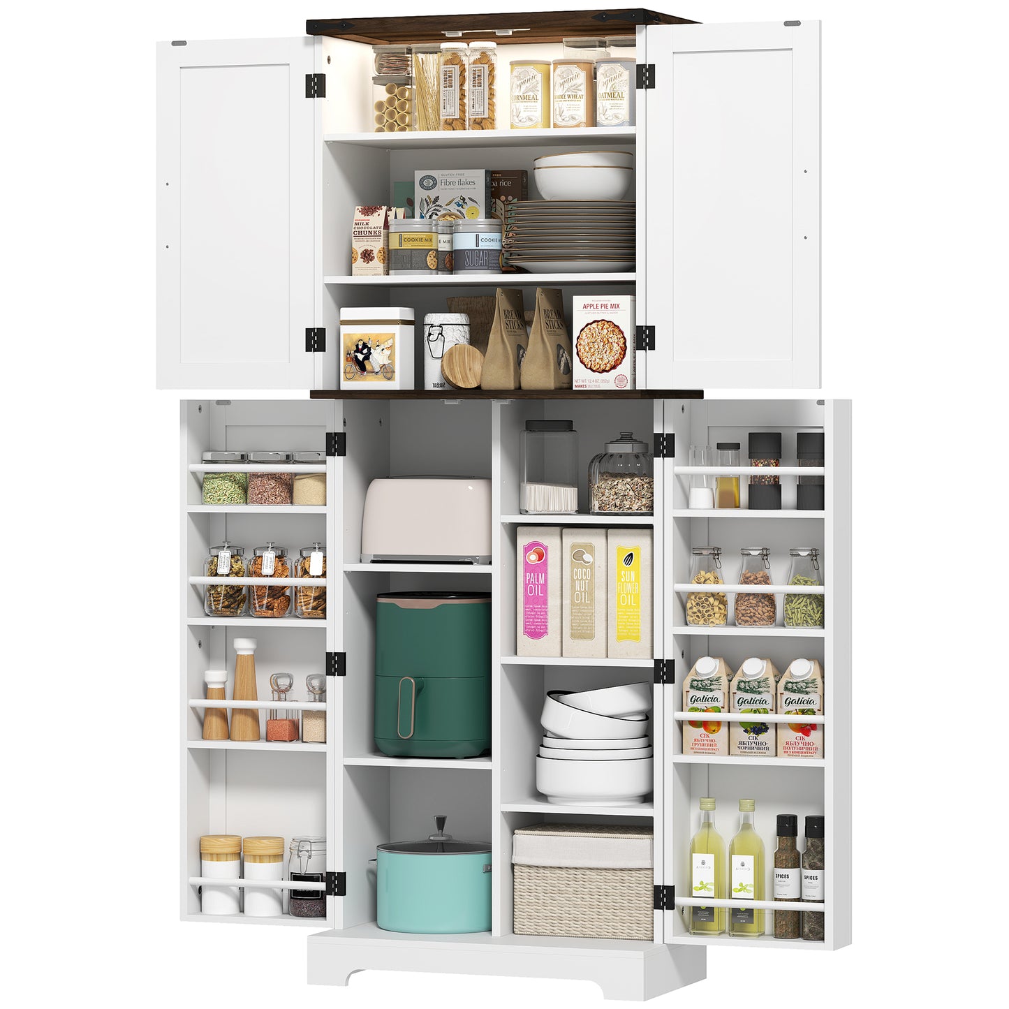 Elegant 64" White Kitchen Pantry Cabinet with Motion Sensor Light, Spice Racks, and Adjustable Shelves