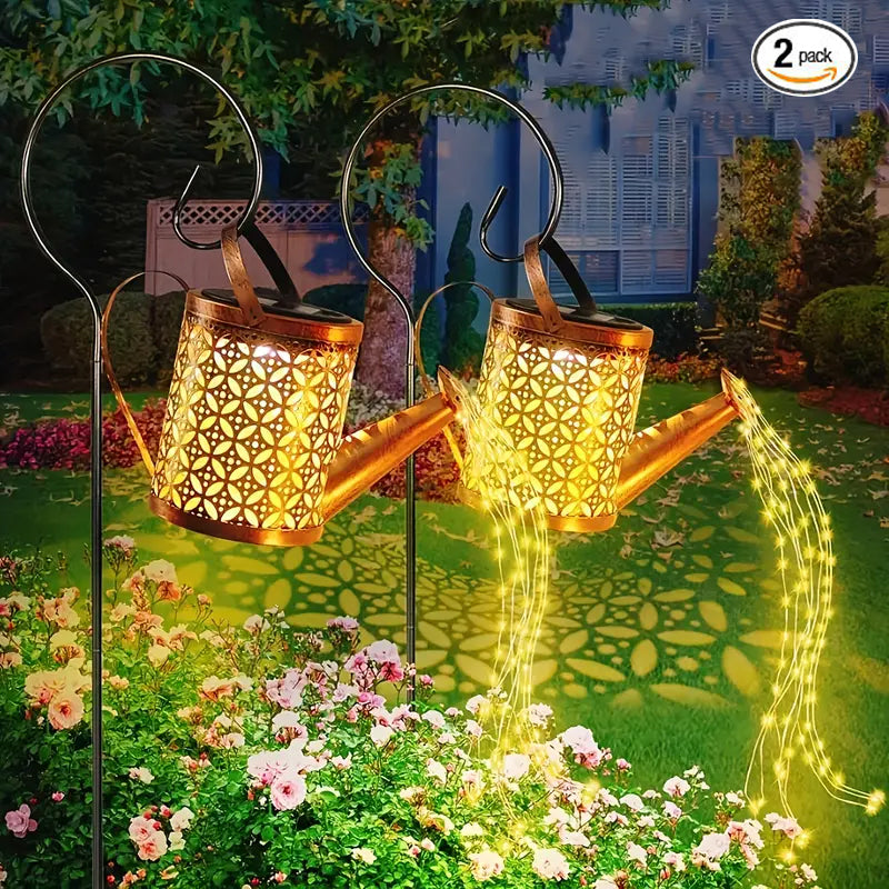 Enchanting 2PCS Solar LED Watering Can String Lights - Perfect for Outdoor Decor