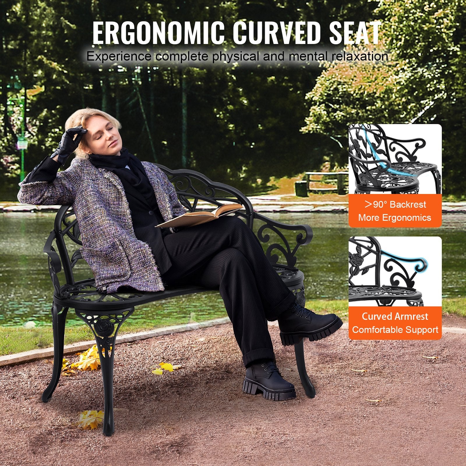 Durable 38.8" Metal Outdoor Bench with Backrest & Armrests - Supports 480 lbs for Ultimate Comfort in Garden, Park, and Patio