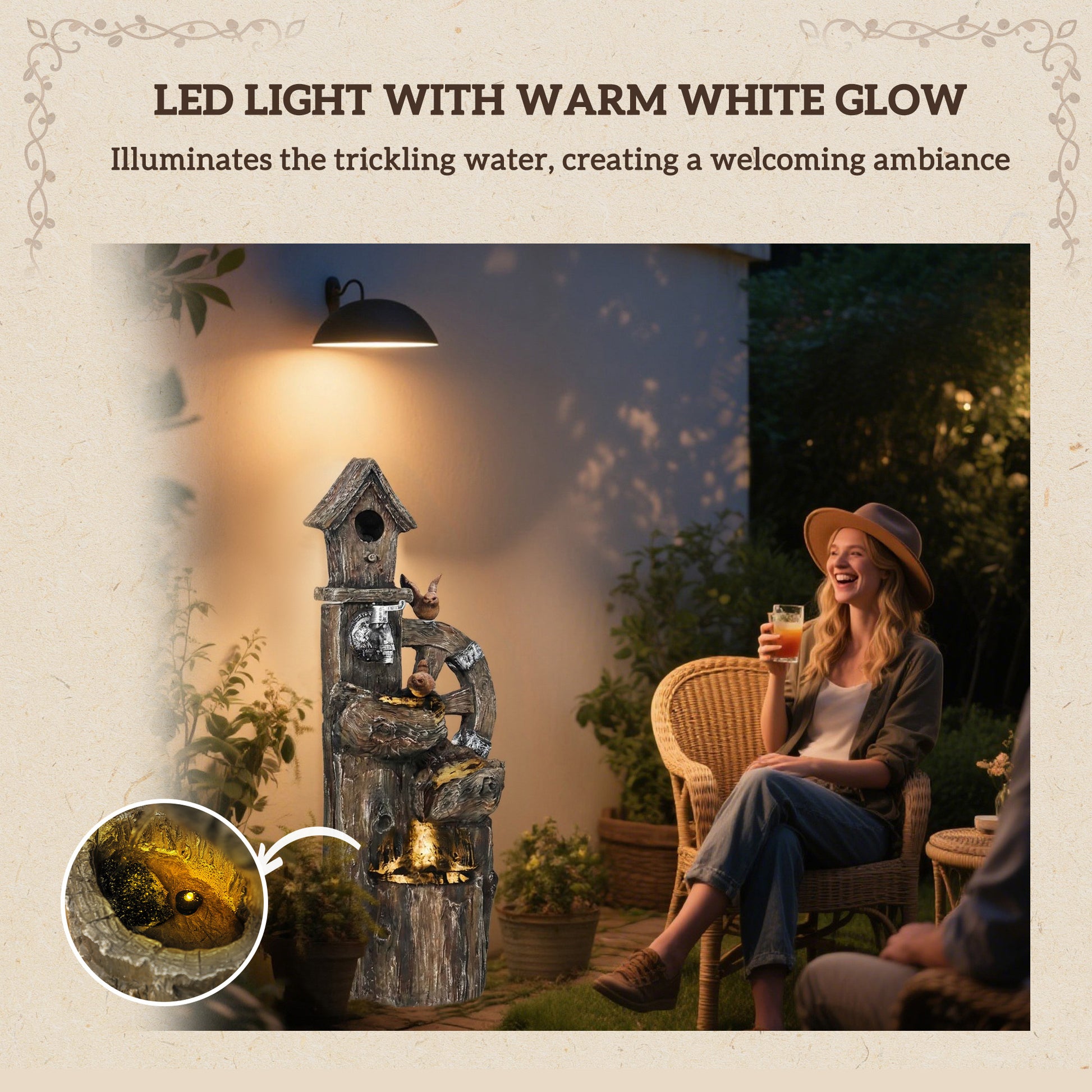 Enchanting 3-Tier Outdoor Water Fountain with LED Lights and Water Wheel - Ideal Garden Birdhouse Decor