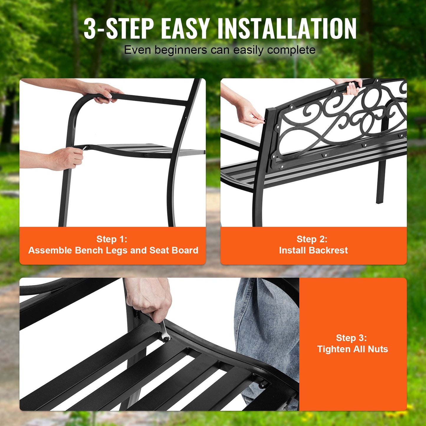 Elegant 50-Inch Metal Garden Bench with Backrest & Armrests - Supports 550 Lbs for Ultimate Outdoor Comfort in Your Yard, Park, or Patio