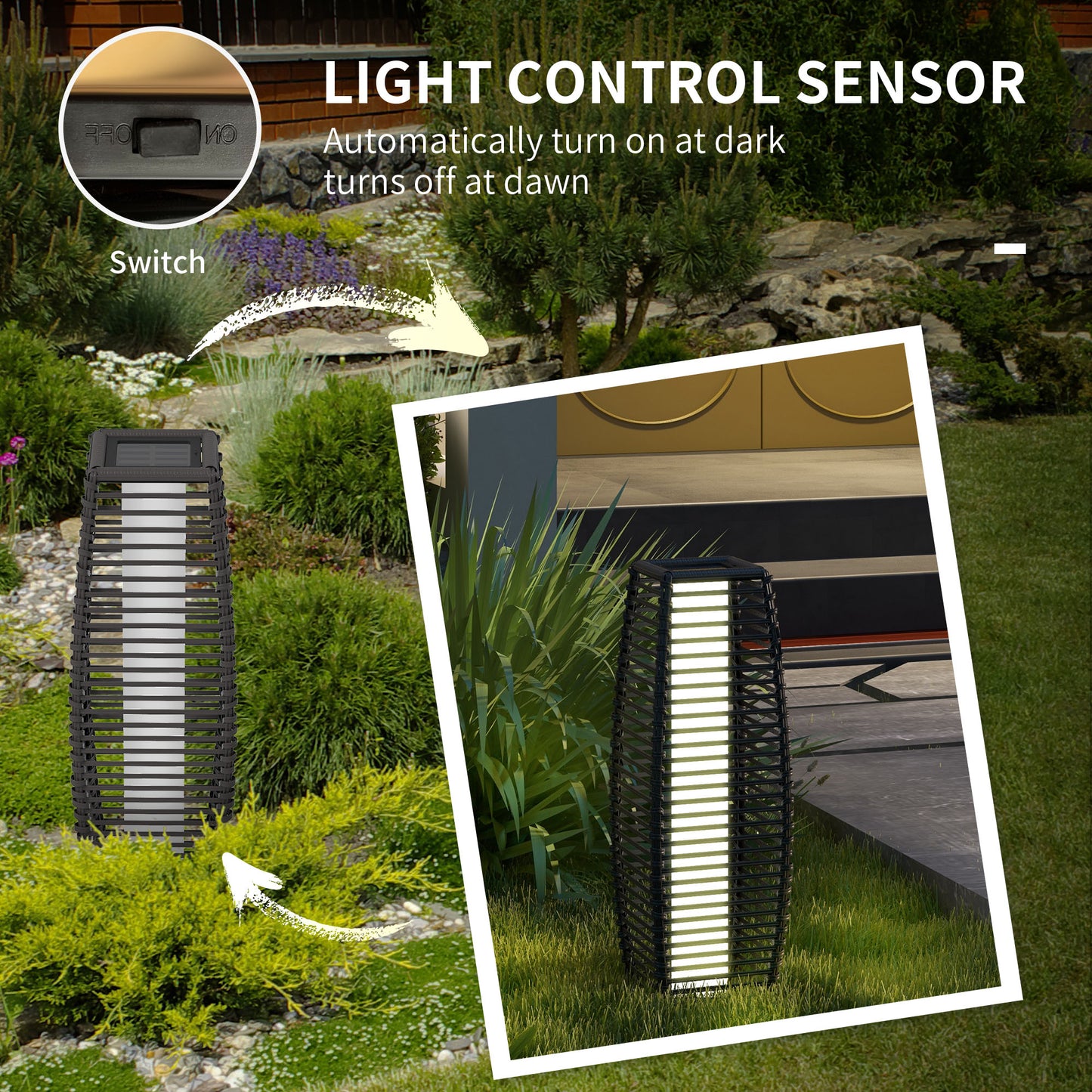 Stylish Gray Solar Rattan Floor Lamp - Automatic LED Outdoor Lantern for Pathway & Driveway Lighting