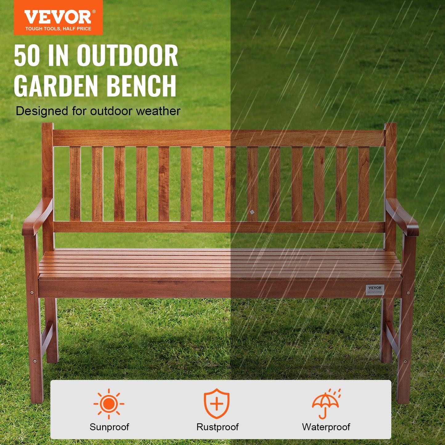Durable 50-Inch Wooden Outdoor Bench with Backrest & Armrests - Ideal for Garden, Park, Yard, or Patio - Supports 800 lbs!