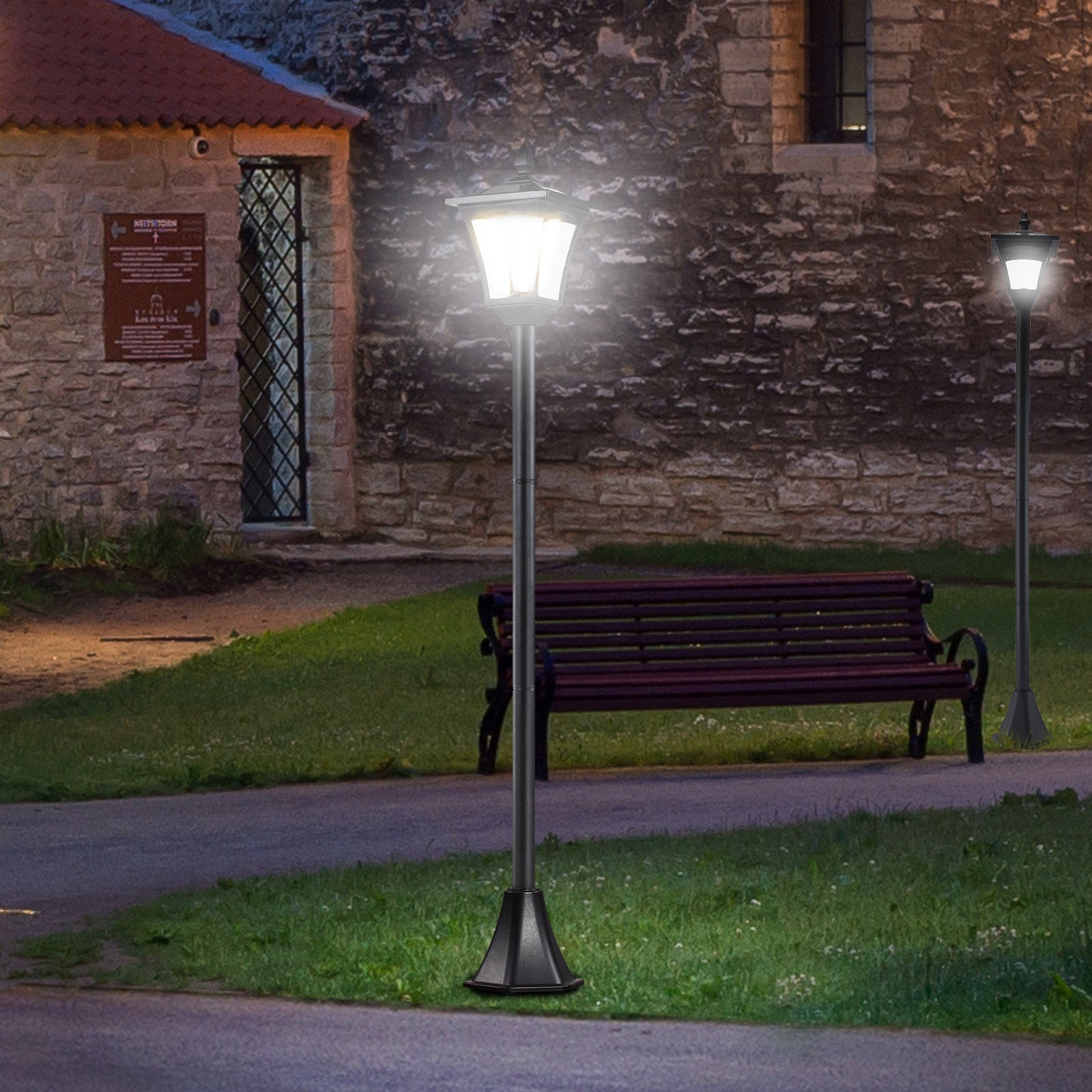 Elegant Set of 2 Dimmable Solar Post Lamps - Black LED Lanterns for Stunning Outdoor Pathway Lighting - 1.6m Height