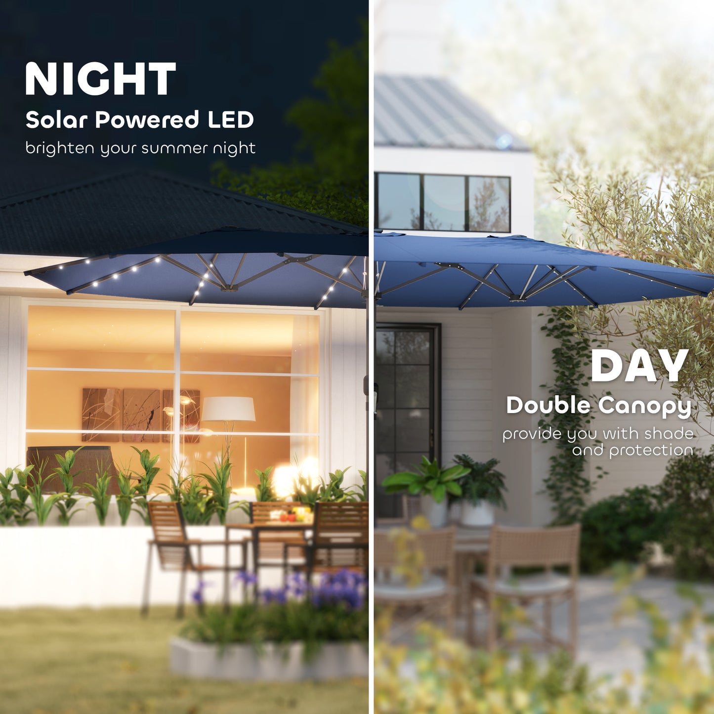 Illuminate Your Outdoor Oasis: Stylish Double-Sided Garden Parasol with LED Solar Lights in Elegant Blue