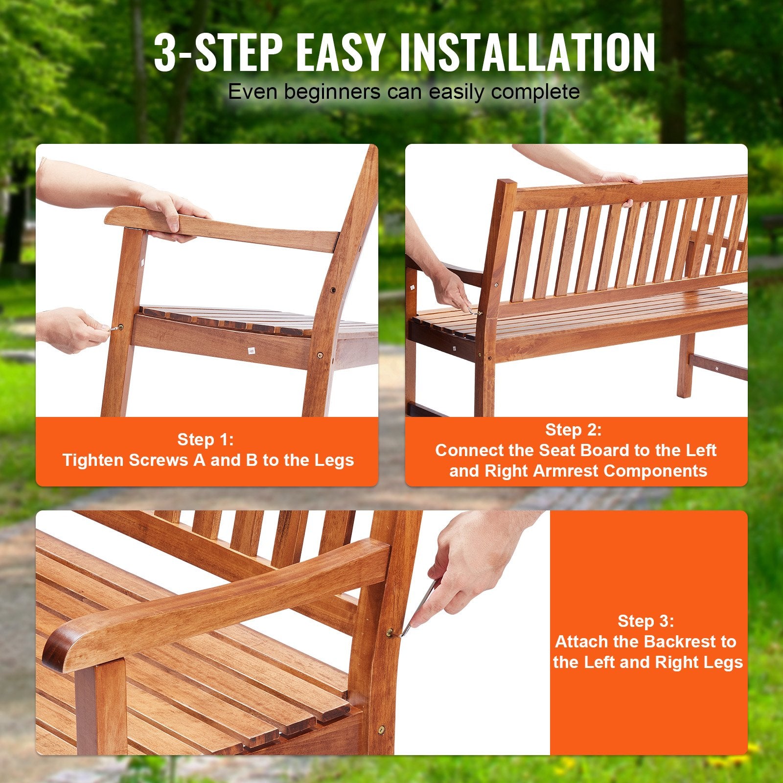 Durable 50-Inch Wooden Outdoor Bench with Backrest & Armrests - Ideal for Garden, Park, Yard, or Patio - Supports 800 lbs!