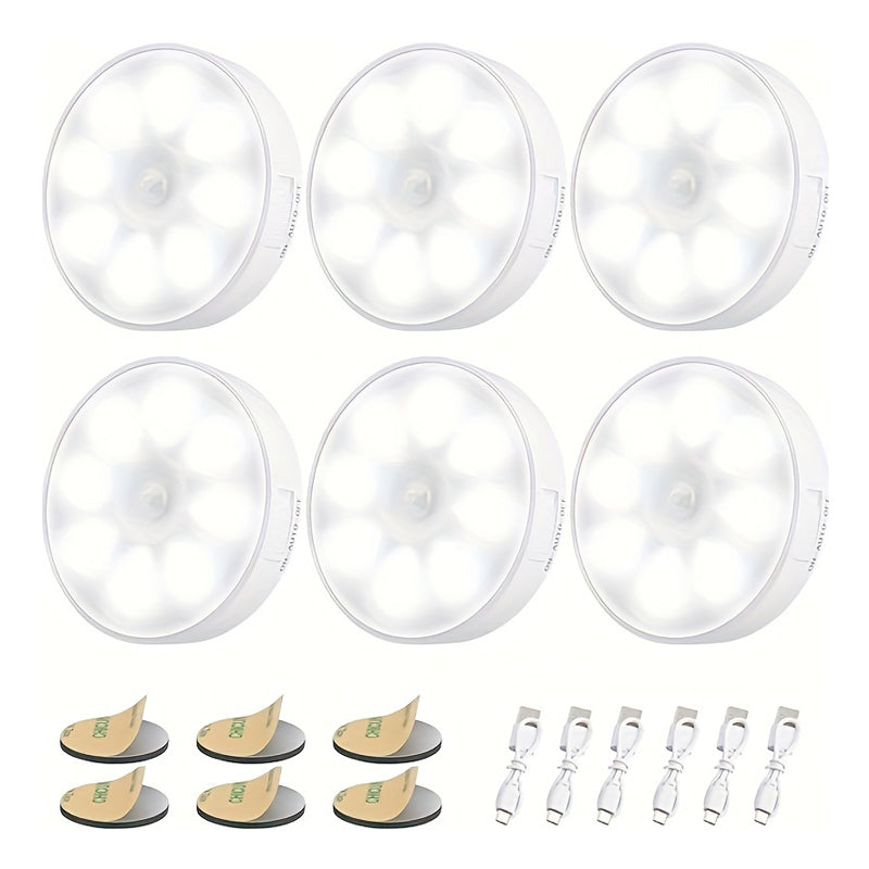 Illuminate Your Space: 6-Pack Dimmable Wireless Motion Sensor Under Cabinet Lights with 16 LEDs - Rechargeable Puck Lights for Closet, Kitchen, Hallway, and Stairs (3000-6000K)