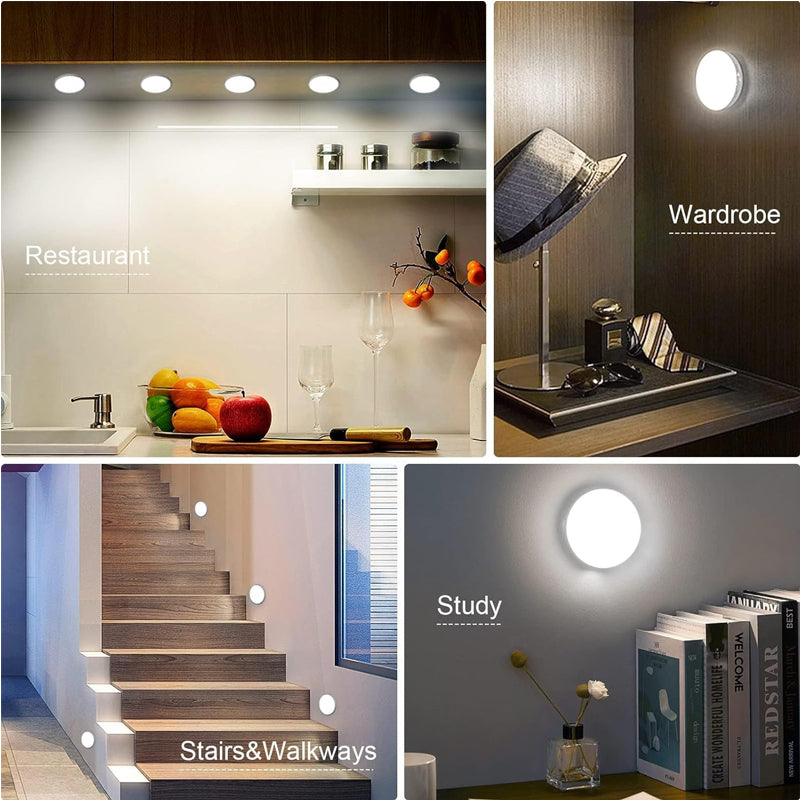 Illuminate Your Space: 6-Pack Dimmable Wireless Motion Sensor Under Cabinet Lights with 16 LEDs - Rechargeable Puck Lights for Closet, Kitchen, Hallway, and Stairs (3000-6000K)