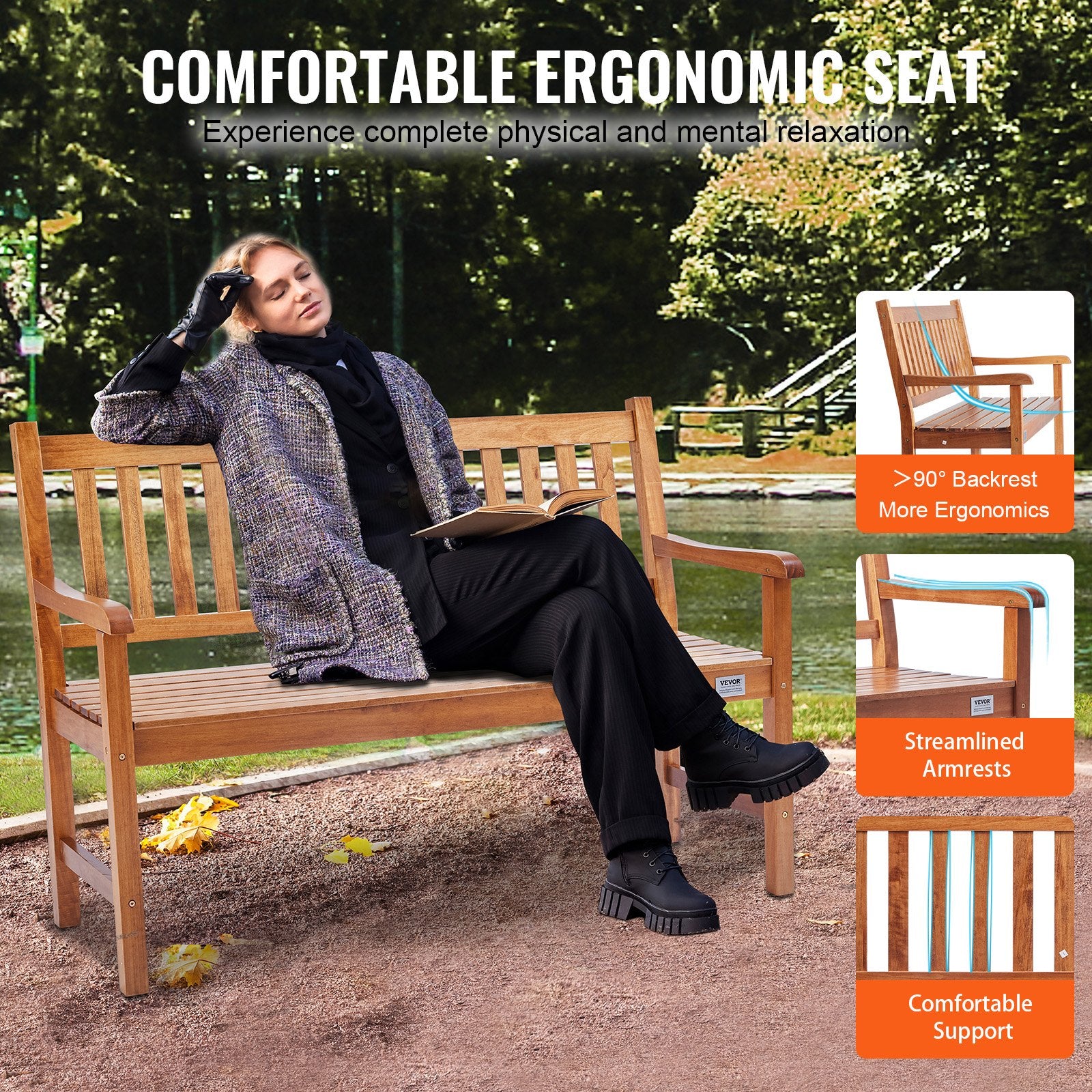 Durable 50-Inch Wooden Outdoor Bench with Backrest & Armrests - Ideal for Garden, Park, Yard, or Patio - Supports 800 lbs!