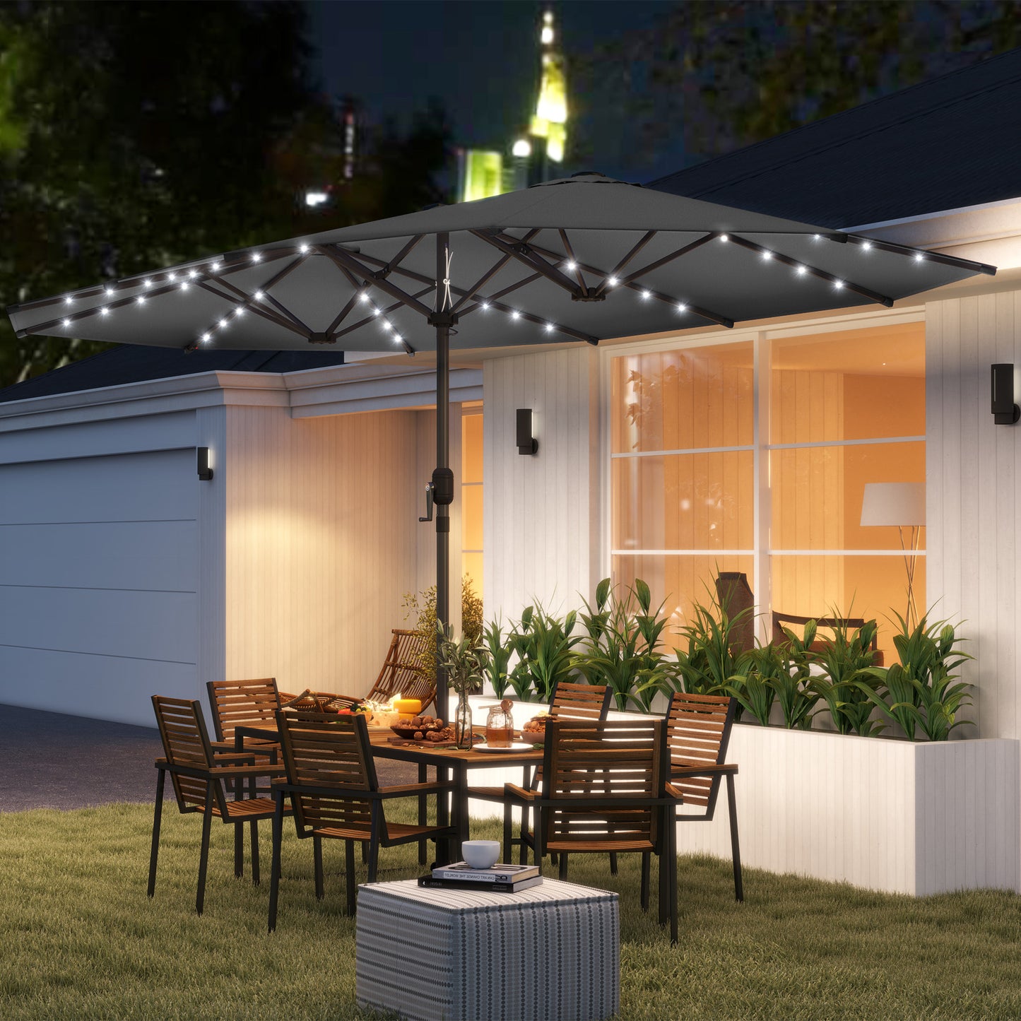Stylish Gray Double-Sided Garden Parasol with LED Solar Lights - Ideal Patio Umbrella for Outdoor Relaxation