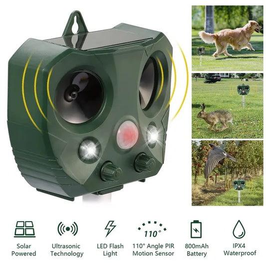 Eco-Friendly Solar Ultrasonic Animal Repeller with Motion Sensor & LED Lights