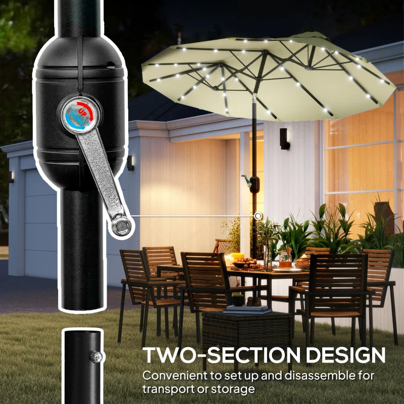 Elegant Cream White 9.7' Double-Sided Patio Umbrella with Tilt & Crank, LED Solar Lights, 12 Ribs - Premium Outdoor Shade Solution