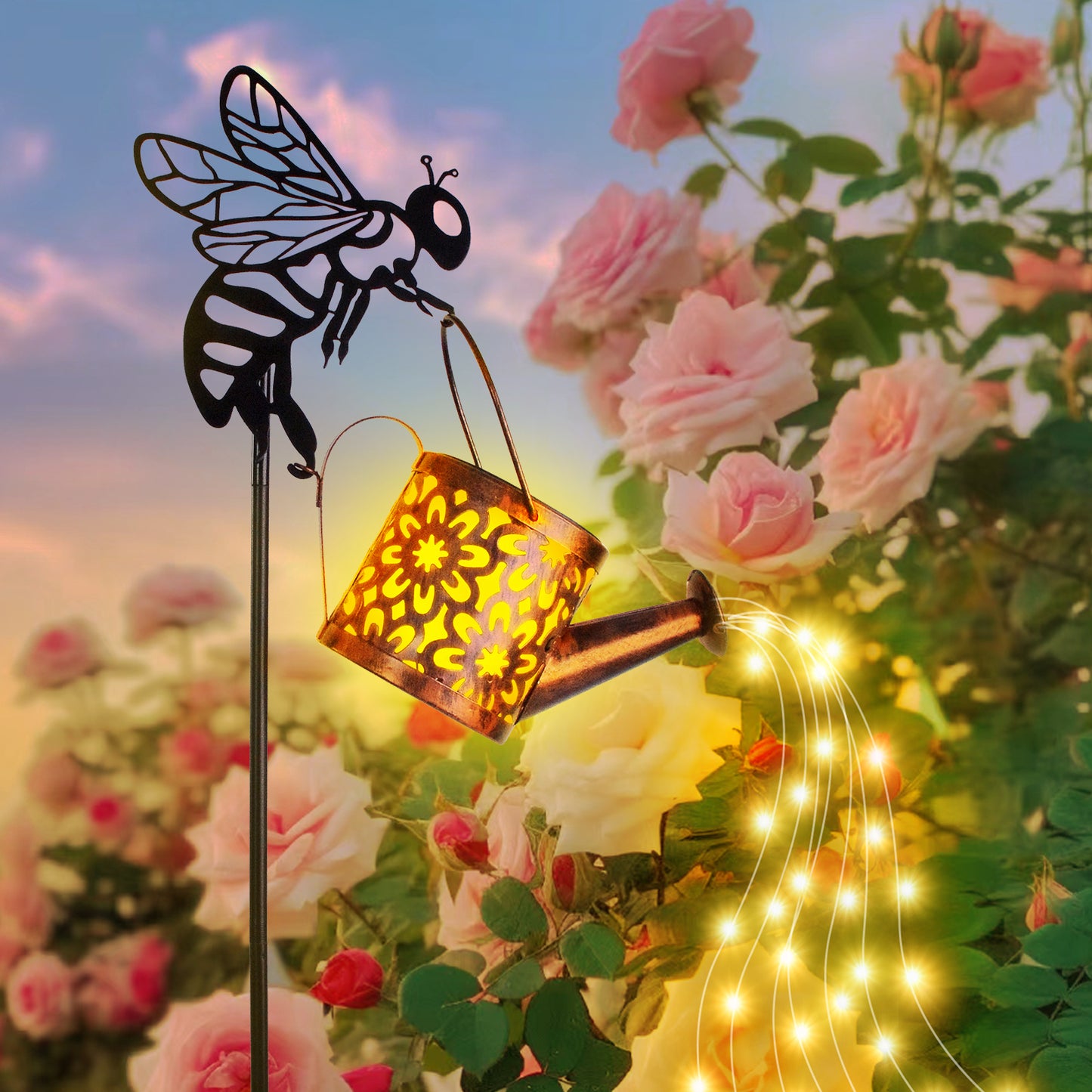 Enchanting Solar Flower Garden Lights - Stylish Waterproof Metal Watering Can Design for Patio, Lawn, and Pathway - Ideal Gardening Gifts!