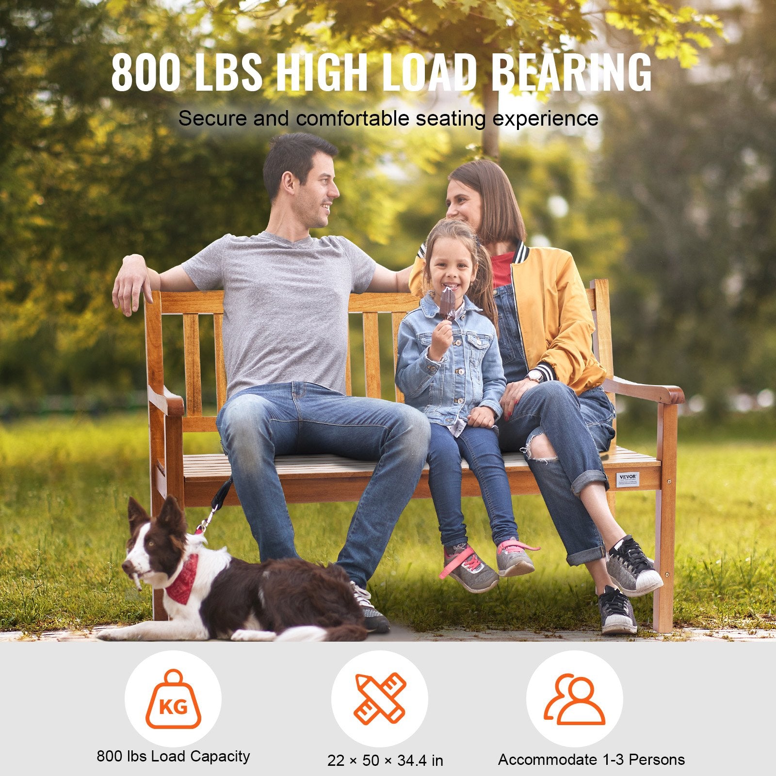 Durable 50-Inch Wooden Outdoor Bench with Backrest & Armrests - Ideal for Garden, Park, Yard, or Patio - Supports 800 lbs!