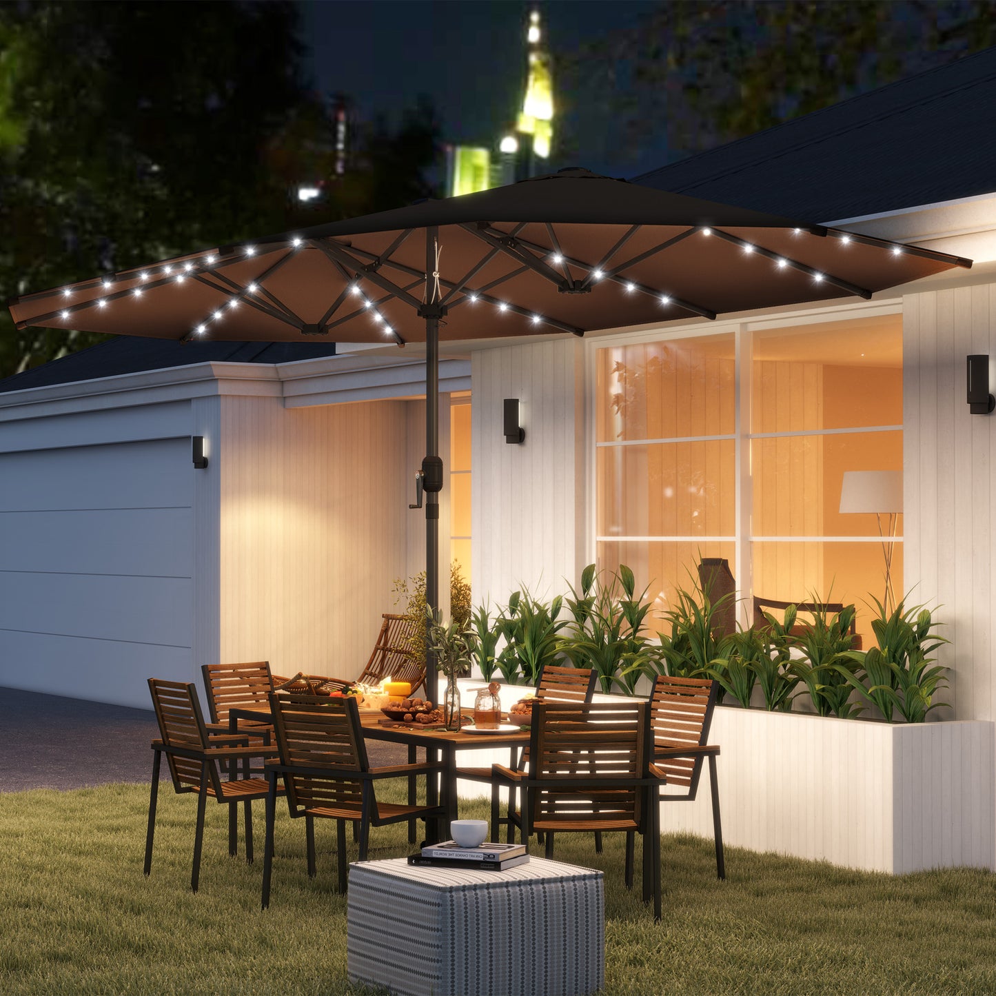 Illuminate Your Outdoor Oasis: Double-Sided Garden Parasol with LED Solar Lights - Ideal for Relaxation and Coffee Moments