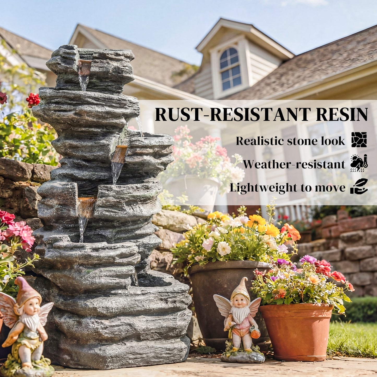 Transform Your Garden with a Stunning 40" Gray LED Waterfall Fountain - 6-Tier Cascading Water Feature