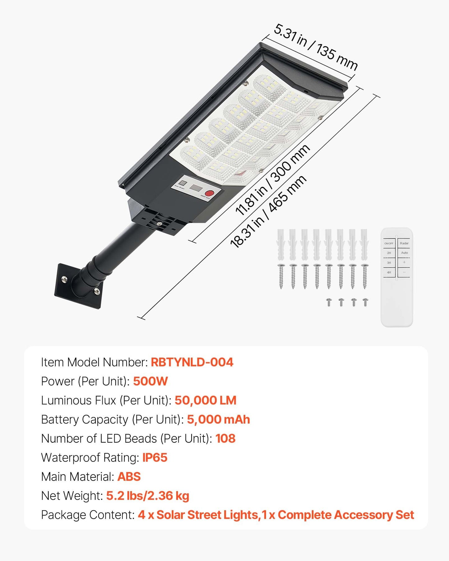 500W Solar Street Lights - 4 Pack, 50000LM LED Flood Security Lamps with Motion Sensor, Dusk to Dawn Outdoor Lighting, IP65 Waterproof for Driveways and Parking Lots