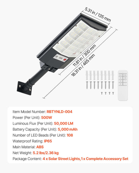 500W Solar Street Lights - 4 Pack, 50000LM LED Flood Security Lamps with Motion Sensor, Dusk to Dawn Outdoor Lighting, IP65 Waterproof for Driveways and Parking Lots