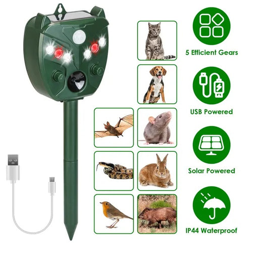 Ultimate Ultrasonic Solar Animal Repeller - Versatile, Waterproof Deterrent for Moles, Snakes, Squirrels, Mice, Birds, Deer, Dogs, and Cats with 5 Adjustable Gears for Farm, Garden, and Yard