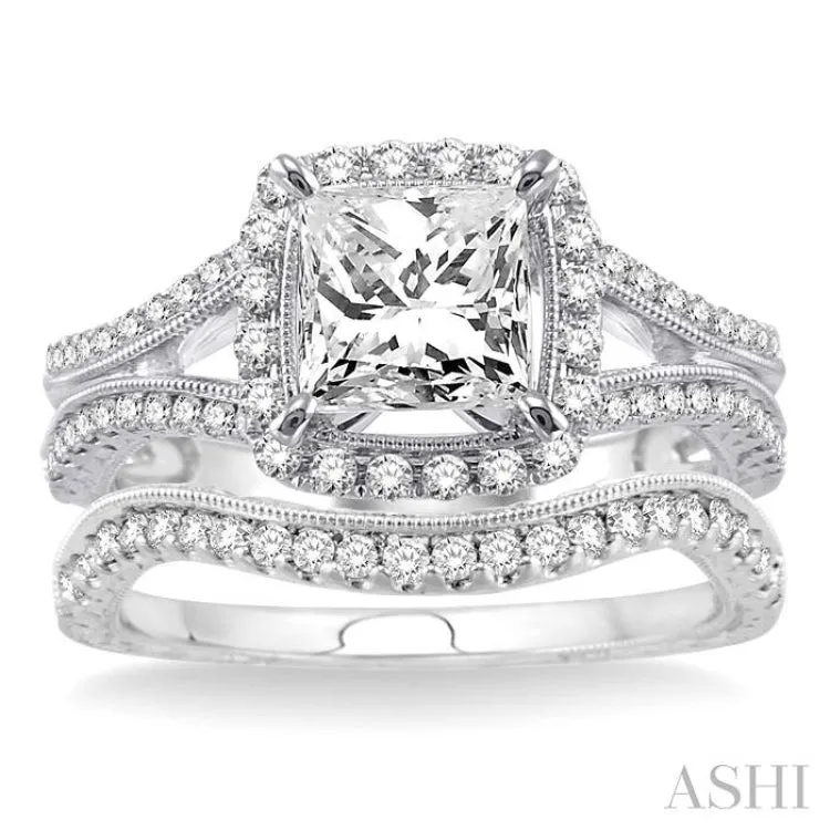 1 1/3 Ctw Diamond Wedding Set with 1 1/6 Ctw Princess Cut Engagement Ring and 1/5 Ctw Wedding Band in 14K White Gold