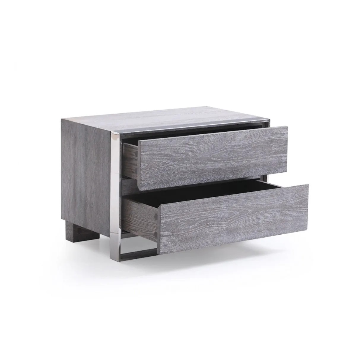 2 Drawer Rectangular Nightstand with Stainless Steel Legs, Gray By Benzara