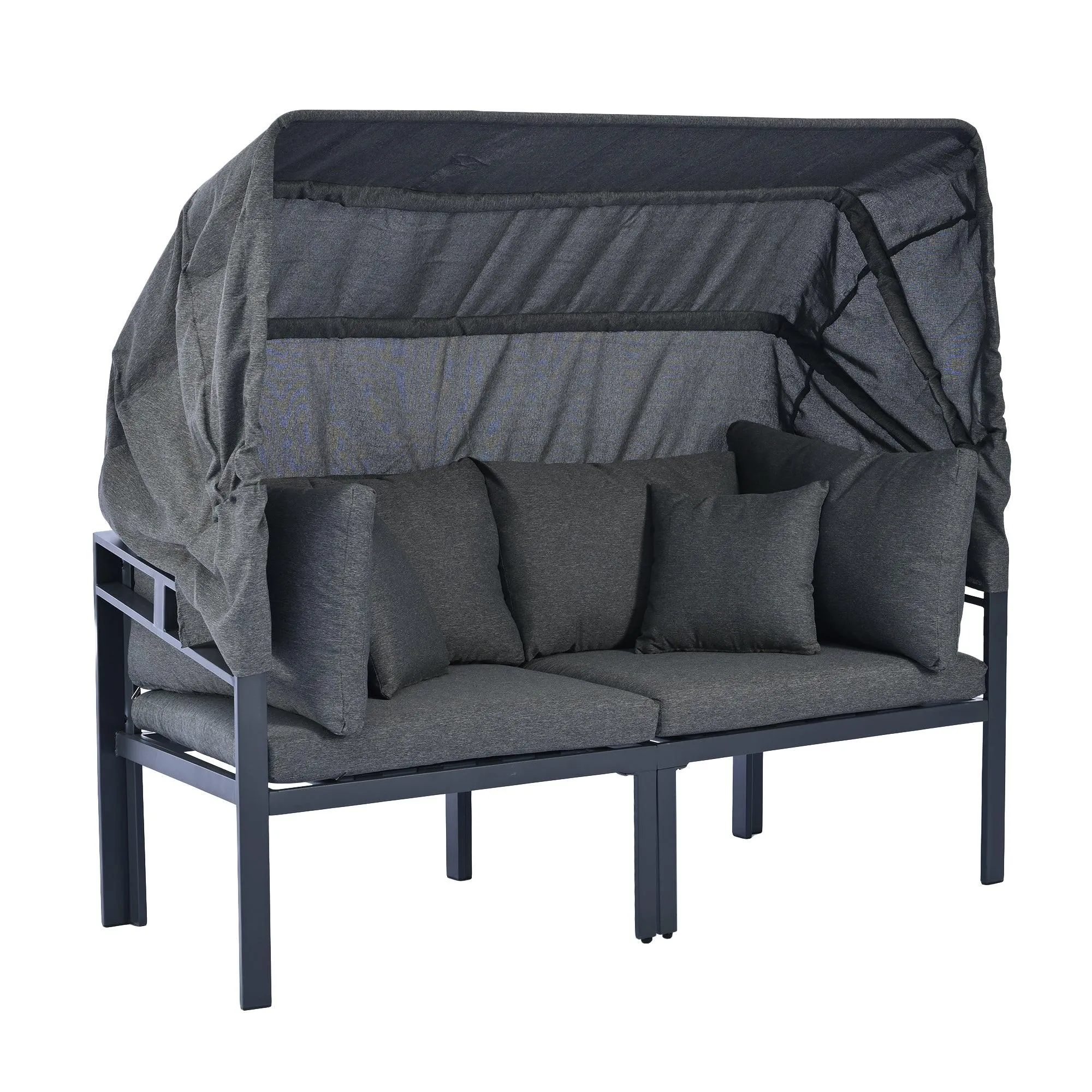 3-Piece Patio Daybed with Retractable Canopy Sofa Set Sun Lounger with Cushions,Grey