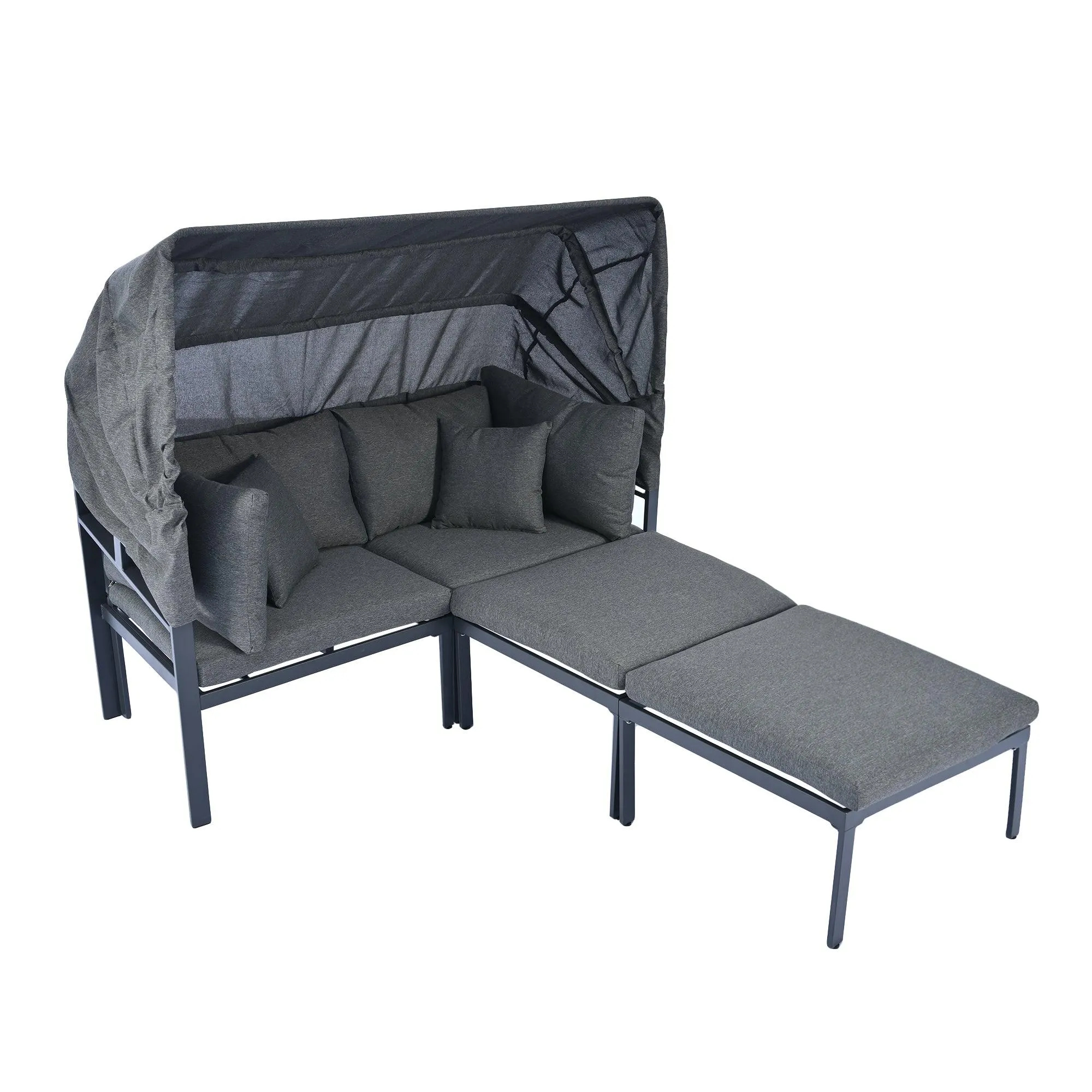 3-Piece Patio Daybed with Retractable Canopy Sofa Set Sun Lounger with Cushions,Grey