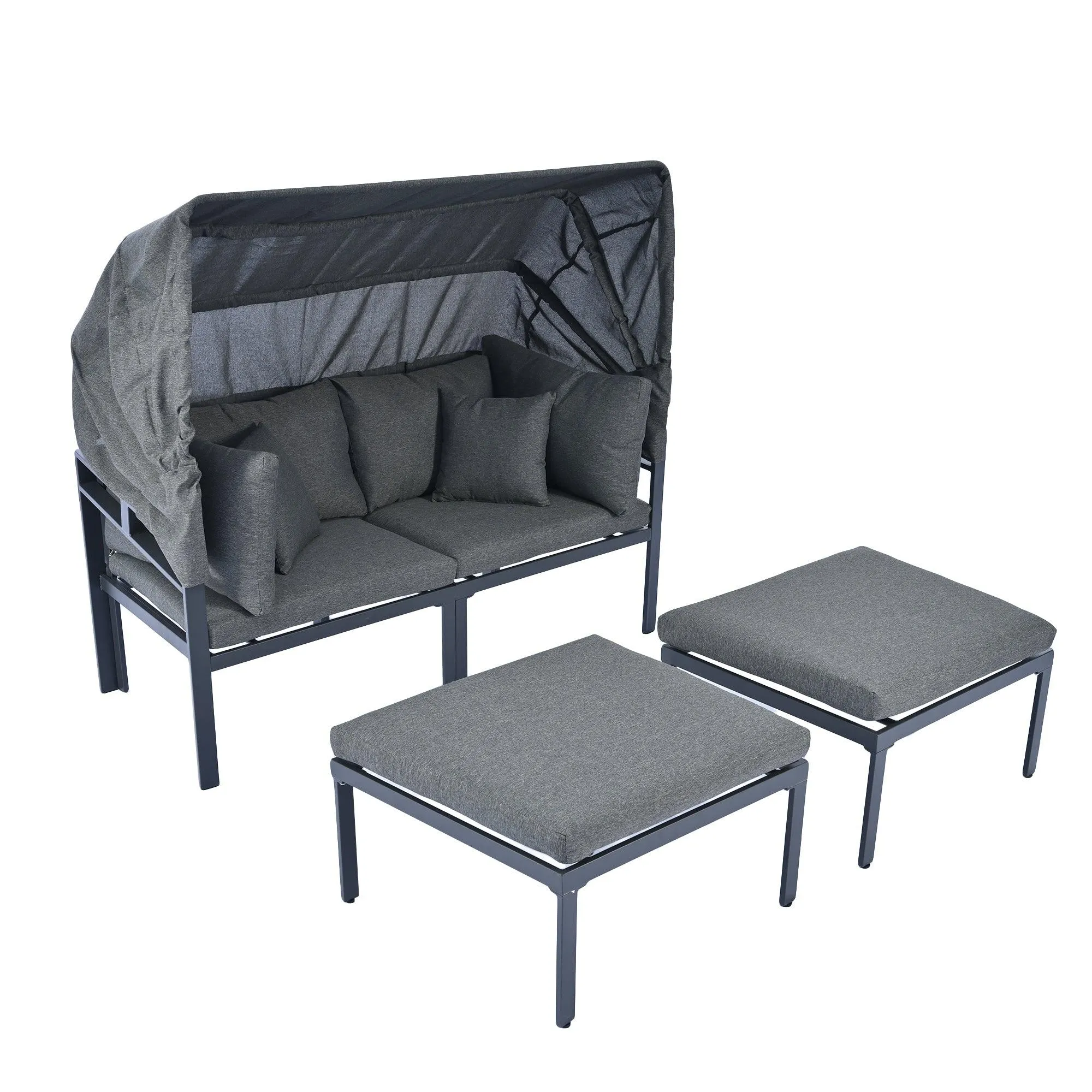 3-Piece Patio Daybed with Retractable Canopy Sofa Set Sun Lounger with Cushions,Grey